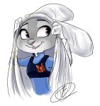  2017 anthro bed_sheet bedding clothing disney female fur grey_body grey_fur judy_hopps lagomorph leporid mammal police_uniform purple_eyes rabbit simple_background smile solo trashasaurusrex uniform white_background zootopia 