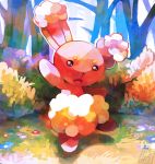  brown_eyes bunny bunny_focus bush commentary creature english_commentary flower full_body gen_4_pokemon grass highres lady_kuki looking_at_viewer lopunny no_humans open_arms open_mouth pokemon pokemon_(creature) signature solo standing standing_on_one_leg tree 