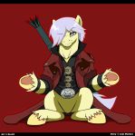 belt capcom clothing coat_cape crossover dante_(devil_may_cry) devil_may_cry devil_may_cry_4 droll3 equid equine friendship_is_magic hair hair_over_eye hi_res hooves horse male mammal melee_weapon my_little_pony one_eye_obstructed ponification pony shrug simple_background sitting smug_face solo sword topwear vest video_games weapon 