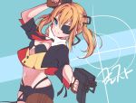  1girl bangs black_gloves black_jacket black_shorts blonde_hair blue_eyes breasts clming commentary_request cowboy_shot eyebrows_visible_through_hair eyepatch fingerless_gloves girls_frontline gloves gun hair_between_eyes holding holding_gun holding_weapon jacket navel shorts sidelocks skorpion_(girls_frontline) smile solo submachine_gun tongue tongue_out twintails weapon 