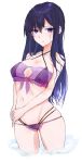  1girl alice_gear_aegis bikini black_hair black_swimsuit closed_mouth cowboy_shot eyebrows_visible_through_hair highres kagome_misaki mole open_mouth purple_eyes purple_swimsuit see-through sikisikisikibu simple_background smile swimsuit swimsuit_under_swimsuit water 
