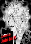  abs anthro antlers beastars cervid cervine clothed clothing dress_shirt erection erection_under_clothing front_view genitals greyscale hi_res horn humanoid_genitalia humanoid_penis kumahachi0925 louis_(beastars) male mammal monochrome muscular muscular_male necktie open_shirt pecs penis penis_base portrait pubes red_deer shirt solo three-quarter_portrait topwear underwear undressing vein veiny_penis 