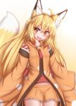  1girl :3 ahoge animal_ear_fluff animal_ears blonde_hair blush commentary_request cowboy_shot fang fox_ears fox_girl fox_tail gradient gradient_background highres horokusa_(korai) korai_(horokusa) long_hair looking_to_the_side miniskirt navel open_mouth orange_skirt original partial_commentary skirt smile solo tail white_background yellow_background yellow_eyes 
