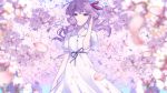  1girl bangs cherry_blossoms commentary_request cosplay dress fate/stay_night fate_(series) hair_ribbon highres koyubi_right long_hair looking_at_viewer low_twintails matou_sakura matou_sakura_(cosplay) petals purple_eyes purple_hair red_ribbon ribbon short_sleeves smile solo twintails vocaloid white_dress yuzuki_yukari 