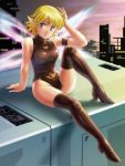  1girl blonde_hair bodysuit boots breasts character_request closed_mouth fairy fairy_wings leotard looking_at_viewer oldschool pointy_ears short_hair skin_tight smile solo tamanegiinyo thigh_boots thighhighs turtleneck wings 