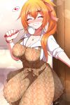  1girl apron blush breasts cleavage closed_eyes commentary_request girls_frontline heart housewife kalina_(girls_frontline) large_breasts long_hair orange_hair sayossa_(pak-front) side_ponytail smile solo spoken_heart 