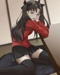  1girl bangs black_hair black_legwear black_ribbon black_skirt blue_eyes blush chin_rest drid fate/stay_night fate_(series) from_side hair_ribbon highres long_hair long_sleeves looking_at_viewer miniskirt open_mouth parted_bangs pleated_skirt red_shirt ribbon shirt skirt smile solo table thighhighs toosaka_rin two_side_up 