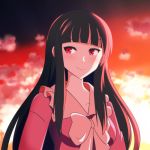  1girl bangs black_hair blunt_bangs bow bowtie cato_(monocatienus) cloud commentary_request evening eyebrows_visible_through_hair frilled_shirt_collar frills gradient_sky houraisan_kaguya long_hair looking_to_the_side pink_neckwear pink_shirt red_eyes red_sky red_theme shirt sidelighting sidelocks sky smile solo standing touhou upper_body very_long_hair 