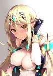  1girl absurdres bare_shoulders black_gloves blonde_hair blush breasts chest_jewel cleavage commentary_request covered_nipples daive earrings elbow_gloves gem gloves hair_between_eyes hand_up headpiece highres hikari_(xenoblade_2) jewelry large_breasts long_hair looking_at_viewer solo tiara two-tone_gloves white_gloves xenoblade_(series) xenoblade_2 yellow_eyes 