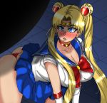  1girl bangs bishoujo_senshi_sailor_moon blonde_hair blue_eyes blue_sailor_collar blush bow breasts choker cleavage collarbone crescent crescent_earrings derivative_work dress earrings eyebrows_visible_through_hair front-tie_top gloves hair_ornament heart heart_choker highres inner_senshi jewelry large_breasts long_hair magical_girl open_mouth panties pantyshot red_choker ribbon sailor_collar sailor_moon sailor_moon_redraw_challenge sailor_senshi sailor_senshi_uniform screencap_redraw sexually_suggestive side-tie_panties skirt solo tongue tsukino_usagi twintails underwear 
