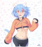  1girl :d animal_ear_fluff animal_ears blue_hair breasts cat_ears cat_tail commentary cowboy_shot crop_top cropped_hoodie dated gradient gradient_background hair_ornament hairclip highres looking_at_viewer navel nekonyan_(nekoworld) open_mouth original short_hair signature simple_background sleeves_past_wrists smile solo tail underboob zipper 