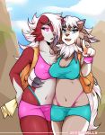  &lt;3 &lt;3_eyes anthro backpack black_claws blue_eyes breasts brown_body brown_fur claws clothing duo eyebrows eyelashes fangs female fur gesture hair lycanroc midday_lycanroc midnight_lycanroc navel nintendo open_mouth pink_eyes pointing pok&eacute;mon pok&eacute;mon_(species) red_body red_fur signature spikes standing tuft video_games weepinbelly white_body white_fur white_hair 