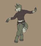  anthro canid canine canis clothing dancing domestic_dog fur_patterns hi_res jockstrap male mammal snaftfc solo sweater topwear underwear 