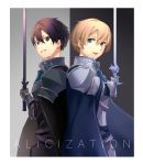  2boys :d back-to-back bangs black_cape black_eyes black_hair blonde_hair blue_cape blue_eyes blue_rose_sword cape eugeo from_side gauntlets grin hair_between_eyes highres holding holding_sword holding_weapon kirito looking_at_viewer male_focus multiple_boys oekaki_taro open_mouth shiny shiny_hair shoulder_armor smile spaulders standing sword sword_art_online weapon 