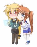  2girls blonde_hair blue_eyes blush chibi embarrassed fate_testarossa kerorokjy long_hair lyrical_nanoha mahou_shoujo_lyrical_nanoha mahou_shoujo_lyrical_nanoha_strikers mahou_shoujo_lyrical_nanoha_vivid military military_uniform multiple_girls orange_hair red_eyes side_ponytail simple_background surprised takamachi_nanoha uniform very_long_hair white_background yuri 