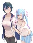  2girls arched_back arm_grab bangs black_hair black_pants blue_hair blue_pants bra_strap bracelet breasts butt_crack character_request collarbone cowboy_shot ear_piercing earrings gradient_hair grey_eyes grin hair_between_eyes highlights jewelry leaning_forward long_hair looking_at_viewer medium_breasts midriff mole mole_under_eye multicolored_hair multiple_girls nikuku_(kazedesune) off-shoulder_shirt off_shoulder pants parted_lips piercing pink_eyes pink_hair shirt short_hair simple_background smile standing stomach striped tattoo vertical-striped_pants vertical_stripes virtual_youtuber white_background white_shirt 