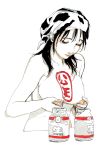  1girl bandana bangs black_hair bottle breasts closed_mouth highres looking_down milk_bottle nipple_tweak nipples ryuko_azuma short_hair simple_background sketch solo 