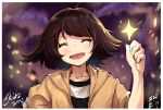  1girl :d black_hair blush clenched_hand facing_viewer hand_up highres jacket nonaka_haru open_mouth outdoors short_hair signature smile solo upper_body yellow_jacket yesterday_wo_utatte zhanzhangzlw 