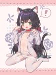  1girl animal_ear_fluff animal_ears black_hair bow cat_ears cat_girl cat_tail collar fang flat_chest full_body garter_straps green_eyes hair_bow highres karyl_(princess_connect!) lingerie long_hair looking_at_viewer low_twintails multicolored_hair navel paw_pose princess_connect! princess_connect!_re:dive red_collar revealing_clothes shirt simple_background sitting skin_fang solo streaked_hair tail twintails underwear very_long_hair wariza white_legwear white_shirt yareen 