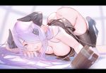  1girl :d ass beer_mug black_legwear black_panties bottomless breasts bright_pupils cleavage cup dimples_of_venus draph drooling drunk dutch_angle fang granblue_fantasy hair_ornament hair_over_one_eye horns large_breasts letterboxed long_hair looking_at_viewer lying mug nail_polish narmaya_(granblue_fantasy) open_mouth panties panties_around_one_leg pointy_ears purple_eyes purple_hair revision sidelocks skin_fang smile solo stirrup_legwear thighhighs toeless_legwear top-down_bottom-up underwear white_pupils xiaoshou_xiansheng 