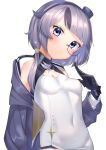  1girl armored_collar azur_lane bearn_(azur_lane) blush breasts cloak cuffs eyelashes gloves hairband highres long_sleeves looking_at_viewer monocle navel purple_eyes ribbon seele0907 short_hair shoulders silver_hair skin_tight small_breasts twintails 