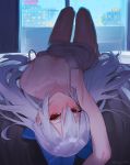 1girl arm_up bangs blue_bow blush bow breasts city dress girls_frontline hair_bow indoors juz long_hair looking_at_viewer lying off-shoulder_dress off_shoulder on_back rain red_eyes silver_hair small_breasts solo tokarev_(girls_frontline) twitter_username upside-down window 