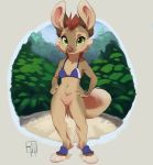  2020 anthro big_ears bottomless bra breasts clothed clothing digital_media_(artwork) female fur genitals green_eyes hair hi_res mammal mostly_nude navel outside paws pussy reign-2004 solo standing underwear 