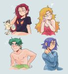  absurdres blonde_hair blue_eyes blue_hair brown_eyes gen_1_pokemon green_eyes green_hair highres jewelry kiana_mai kojirou_(pokemon) kosaburou_(pokemon) meowth musashi_(pokemon) nightgown pajamas pokemon pokemon_(anime) purple_eyes purple_hair red_hair shirt shirtless sleepy team_rocket underpants yamato_(pokemon) 