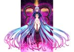  1girl absurdly_long_hair aqua_hair blush braid breasts commentary_request fate/grand_order fate_(series) full_body glowing glowing_eyes gradient_hair highres horns long_hair looking_at_viewer matsuryuu multicolored_hair parted_lips pink_eyes pointy_ears sky solo space star_(sky) starry_sky tattoo thighhighs tiamat_(fate/grand_order) twin_braids very_long_hair x_x 