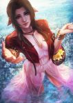  1girl absurdres aerith_gainsborough backlighting blue_eyes bow bracelet breasts choker cleavage commentary cropped_jacket downblouse dress english_commentary final_fantasy final_fantasy_vii final_fantasy_vii_remake flower flower_basket highres jacket jewelry lips long_dress looking_at_viewer monori_rogue nose outstretched_hand pink_bow pink_dress red_jacket ribbon_choker small_breasts solo standing tri_drills wading water 