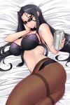  1girl bed_sheet beer_can black_bra black_panties bra breasts can eyebrows hand_on_own_face large_breasts lindaroze long_hair looking_at_viewer lying monster_musume_no_iru_nichijou ms._smith on_bed panties panties_under_pantyhose pantyhose sidelocks smile sunglasses underwear 