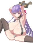  1girl armpits bangs bare_shoulders black_legwear blush bound bound_wrists bow breasts cleavage closed_mouth collar eyebrows_visible_through_hair fate/extra fate/extra_ccc fate_(series) gigantic_breasts hair_ribbon kasutaso long_hair looking_at_viewer o-ring o-ring_top panties passionlip pink_eyes pink_ribbon purple_hair ribbon shiny shiny_skin simple_background sitting solo spread_legs thighhighs underwear very_long_hair white_background 