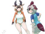  2girls animal_ears annoyed arms_at_sides ass bangs bare_arms bare_legs bike_shorts bird_tail bird_wings blush breasts brown_eyes brown_hair buruma closed_mouth eyebrows_visible_through_hair gloves greater_roadrunner_(kemono_friends) green_eyes grey_hair hair_between_eyes hair_tubes half-closed_eyes hand_on_hip head_wings highres horizontal_pupils horns jacket kemono_friends light_brown_hair long_sleeves looking_at_viewer looking_back medium_hair miji_doujing_daile multicolored_hair multiple_girls open_clothes open_jacket outstretched_arm parted_lips pronghorn_(kemono_friends) shirt short_sleeves sidelocks sportswear t-shirt tail track_jacket turtleneck v-shaped_eyebrows white_hair wings 