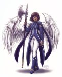  1girl angel_wings artist_name avatar_(series) blue_eyes blue_footwear blue_shirt boots breasts brown_hair dark_skin full_body hair_between_eyes halberd holding holding_weapon iahfy korra medium_breasts pants polearm shadow shirt short_hair simple_background solo standing the_legend_of_korra watermark weapon white_background white_pants wings 