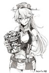  1girl :q ahoge bangs belt breasts bucket_of_chicken cleavage colonel_sanders dated eyebrows_visible_through_hair fingerless_gloves food gloves greyscale headgear holding holding_food iowa_(kantai_collection) kantai_collection kfc large_breasts long_hair monochrome namaashi_(user_fuga4235) navel one_eye_closed simple_background skirt solo star star-shaped_pupils symbol-shaped_pupils tongue tongue_out 