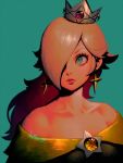  1girl bare_shoulders bellhenge blonde_hair closed_mouth collarbone crown earrings glint green_background green_eyes hair_over_one_eye jewelry long_hair mario_(series) pink_lips rosalina signature simple_background star super_mario_galaxy 