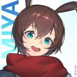  1girl :d amiya_(arknights) animal_ears aqua_eyes arknights artist_name bangs blush brown_hair bunny_ears character_name chinese_commentary commentary_request hair_between_eyes looking_at_viewer nian open_mouth portrait red_scarf scarf short_hair smile solo white_background 