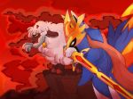  ambiguous_gender angry bell bell_collar cliff cloud collar darkmoonray duo hi_res legendary_pok&eacute;mon mountain nintendo parody pok&eacute;mon pok&eacute;mon_(species) red_background ringing_bell_(film) sanrio scar simple_background standing video_games wooloo zacian 