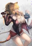  1girl :p animal_ears arknights bangs black_jacket blonde_hair breasts candy cleavage commentary_request cowboy_shot food fur-trimmed_jacket fur-trimmed_shorts fur_trim grey_background hair_between_eyes hands_up highres holding holding_food holding_hammer holding_weapon jacket large_breasts lion_ears lion_tail lollipop long_hair long_sleeves looking_at_viewer ohako_(ohako1818) partial_commentary red_shorts short_shorts shorts siege_(arknights) solo tail tank_top thighs tongue tongue_out weapon white_tank_top yellow_eyes 