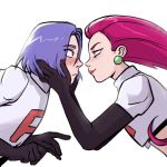  blue_eyes blue_hair blush eye_contact gloves green_eyes jewelry kojirou_(pokemon) long_hair looking_at_another musashi_(pokemon) pokemon pokemon_(anime) red_hair team_rocket very_long_hair yaaawny 