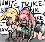  2girls all_fours animal_ears armor blonde_hair bow braid brown_gloves dragalia_lost english_text feathers gloves green_bow hair_bow hair_feathers long_hair multiple_girls orz pauldrons percentplus pink_hair shaded_face signature speech_bubble vambraces 