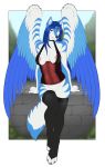  2020 4_toes 5_fingers accelo anthro areola blue_body blue_eyes blue_feathers blue_fur blue_hair breasts canid canine clothed clothing digital_media_(artwork) eyebrows eyelashes feathered_wings feathers female fingers fox fur hair hi_res hybrid mammal nipples solo toes wings 