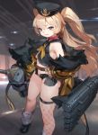  1girl :3 ass azur_lane bache_(azur_lane) bangs bare_shoulders belt blonde_hair blush collar commentary_request eyebrows_visible_through_hair fishnet_legwear fishnets full_body hand_on_hip highres jacket looking_at_viewer loose_socks navel sailor_collar short_shorts shorts single_thighhigh smile so-taro thighhighs turret twintails white_legwear 