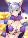  1girl animal_ears bangs bare_shoulders blush bow breasts cleavage closed_mouth cosplay dangerous_beast earrings elbow_gloves fate/grand_order fate_(series) full_moon fur-trimmed_gloves fur_collar fur_trim gloves hair_ribbon halloween_costume highres jack-o&#039;-lantern jewelry kama_(fate/grand_order) kankitsu_kei large_breasts long_hair looking_at_viewer mash_kyrielight mash_kyrielight_(cosplay) moon night night_sky o-ring pink_bow pink_ribbon purple_gloves red_eyes revealing_clothes ribbon silver_hair sky wolf_ears 