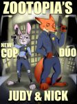  2016 absurd_res anthro bad_trigger_discipline barefoot bottomwear canid canine clothed clothing disney duo english_text fox fully_clothed fur grey_body grey_fur hi_res judy_hopps lagomorph leporid mammal necktie nick_wilde orange_body orange_fur pants police_uniform rabbit red_fox shirt standing text the-l0llip0p topwear uniform zootopia 