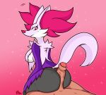  absurd_res anthro beauty_mark breasts butt delphox dogging duo erection female genitals hi_res human interspecies looking_at_viewer male male/female mammal moxlewd nintendo on penis pok&eacute;mon pok&eacute;mon_(species) pok&eacute;philia presenting side side_boob sitting throb throbbing uncut video_games 