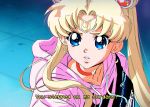  1girl bishoujo_senshi_sailor_moon blonde_hair blue_eyes choker chromatic_aberration crescent crescent_earrings derivative_work earrings english_text highres jewelry parted_lips portrait sailor_moon sailor_moon_redraw_challenge screencap_redraw solo sweater tom_skender tsukino_usagi 