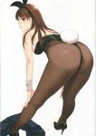  1girl absurdres animal_ears ass bangs bare_shoulders bent_over black_footwear black_leotard breasts brown_eyes brown_hair bunny_ears bunny_girl bunny_tail bunnysuit eyebrows_visible_through_hair fake_animal_ears from_behind high_heels highleg highleg_leotard highres idolmaster idolmaster_cinderella_girls leotard lips long_hair looking_at_viewer looking_back medium_breasts mibu_natsuki nitta_minami pantyhose parted_lips scan shiny shiny_hair simple_background skirt skirt_removed solo strapless strapless_leotard tail thong_leotard white_background wrist_cuffs 
