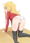  1girl ahoge all_fours ass black_legwear blonde_hair blue_eyes blush commentary gabriel_dropout highres jacket long_hair looking_at_viewer looking_back no_pants official_style on_floor panties pee_stain solo stained_panties tenma_gabriel_white thighhighs track_jacket trg-_(sain) underwear white_background white_panties 