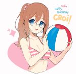  1girl ball bangs bare_shoulders beachball bikini black-framed_eyewear blue_eyes blush breasts brown_hair cleavage collarbone commentary dated english_text eyebrows_visible_through_hair glasses hair_between_eyes hair_ornament hair_ribbon happy_birthday holding holding_ball horizontal_stripes long_hair looking_at_viewer open_mouth original pink_bikini ponytail ribbon shiu_(pika) simple_background smile solo stomach striped striped_bikini swimsuit upper_body white_background 